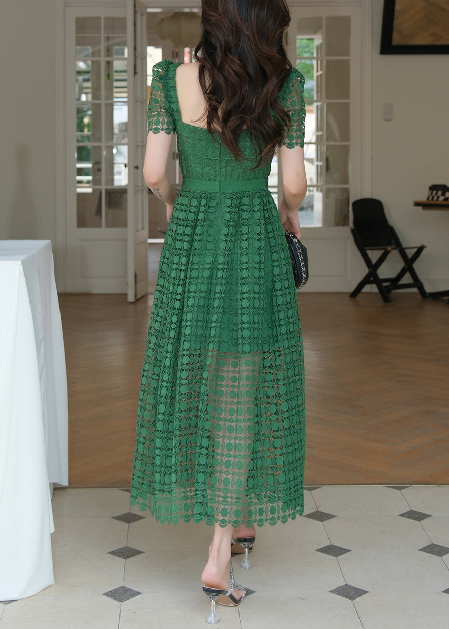Green Square Collar Hollow Out Lace Long Dress Summer
