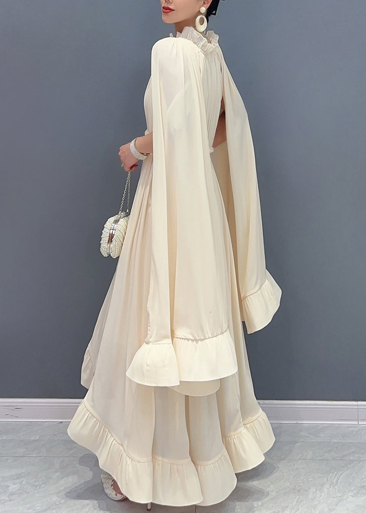 Apricot Ruffled Patchwork Elastic Waist Chiffon Maxi Dress Summer