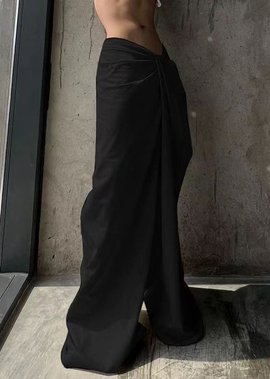 Black Cotton Wide Leg Summer Pants Asymmetrical