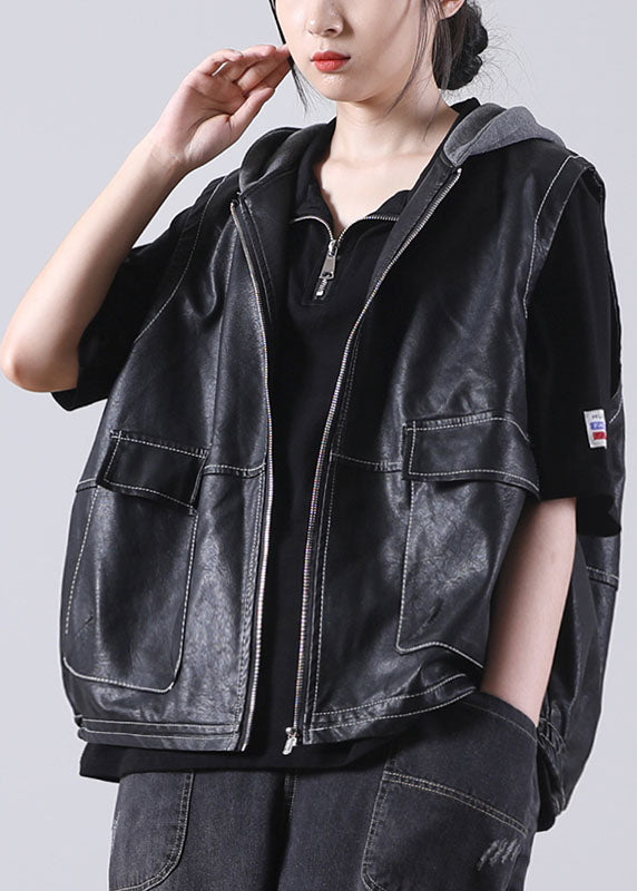 Boutique Black Patchwork Hooded Zippered Fall Pockets Blouse Tops Pu Waistcoat
