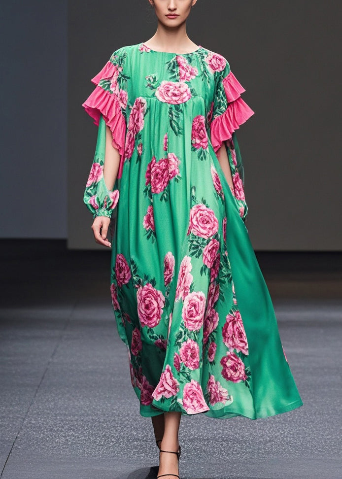 Green Print Ruffles Silk Velour Dresses Fall