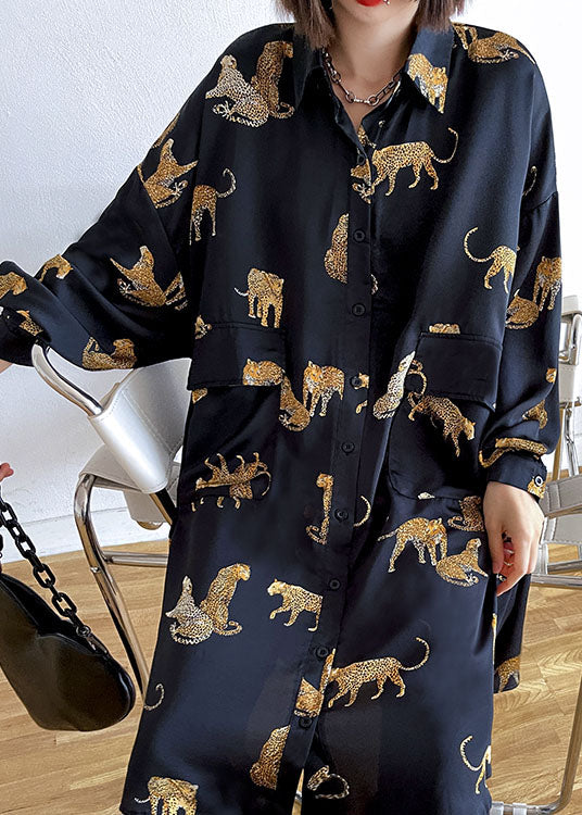 Black Peterpan Collar Button Pockets Print Fall Top Long Sleeve