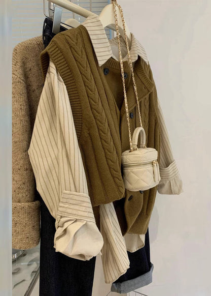 Italian Brown Button Cable Knit Waistcoat and Shirts Two Pieces Set Fall