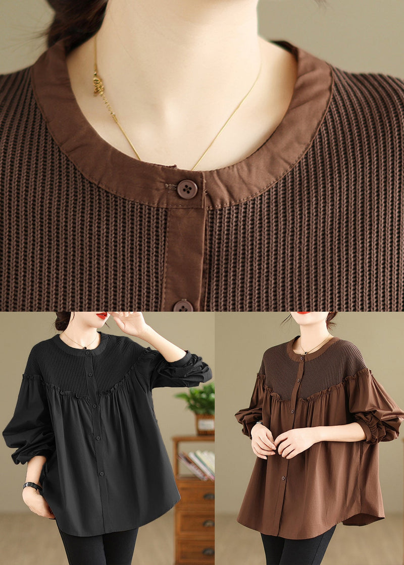 Coffee O-neck Wrinkled Shirts Long Sleeve