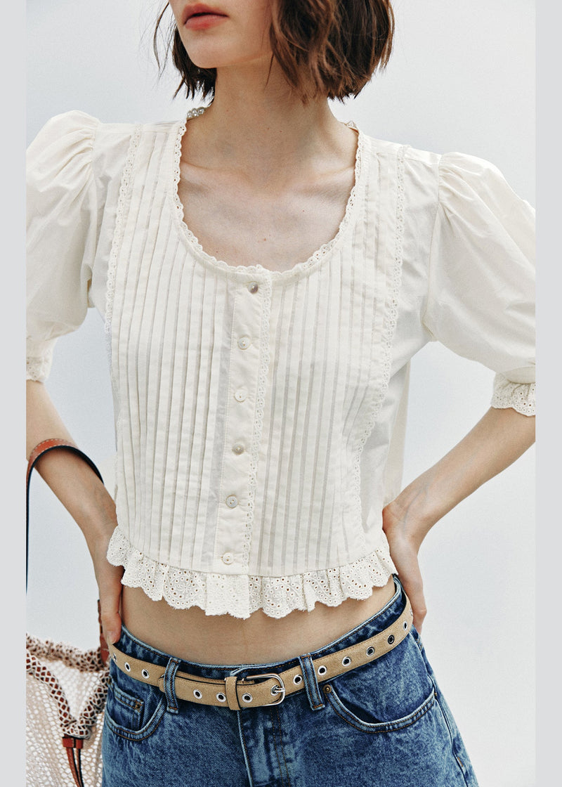 White Wrinkled Lace Patchwork Cotton Top Summer
