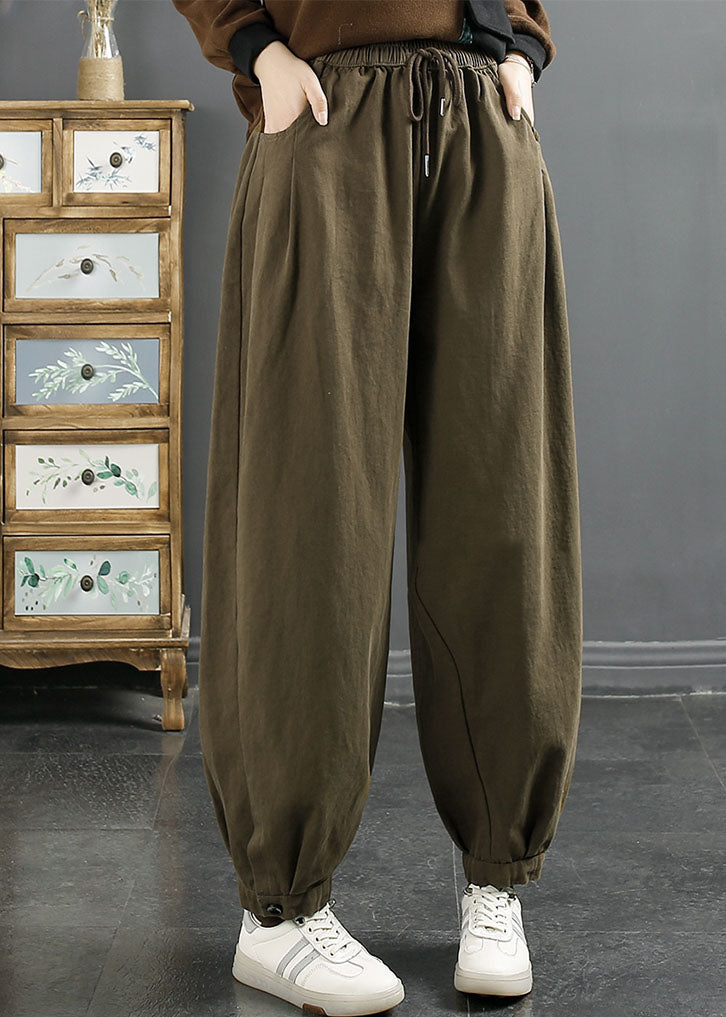 Green Elastic Waist Cotton Beam Pants Fall