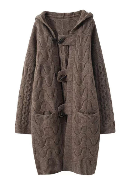 Khaki Hooded Oversized Cashmere Long Cardigans Winter