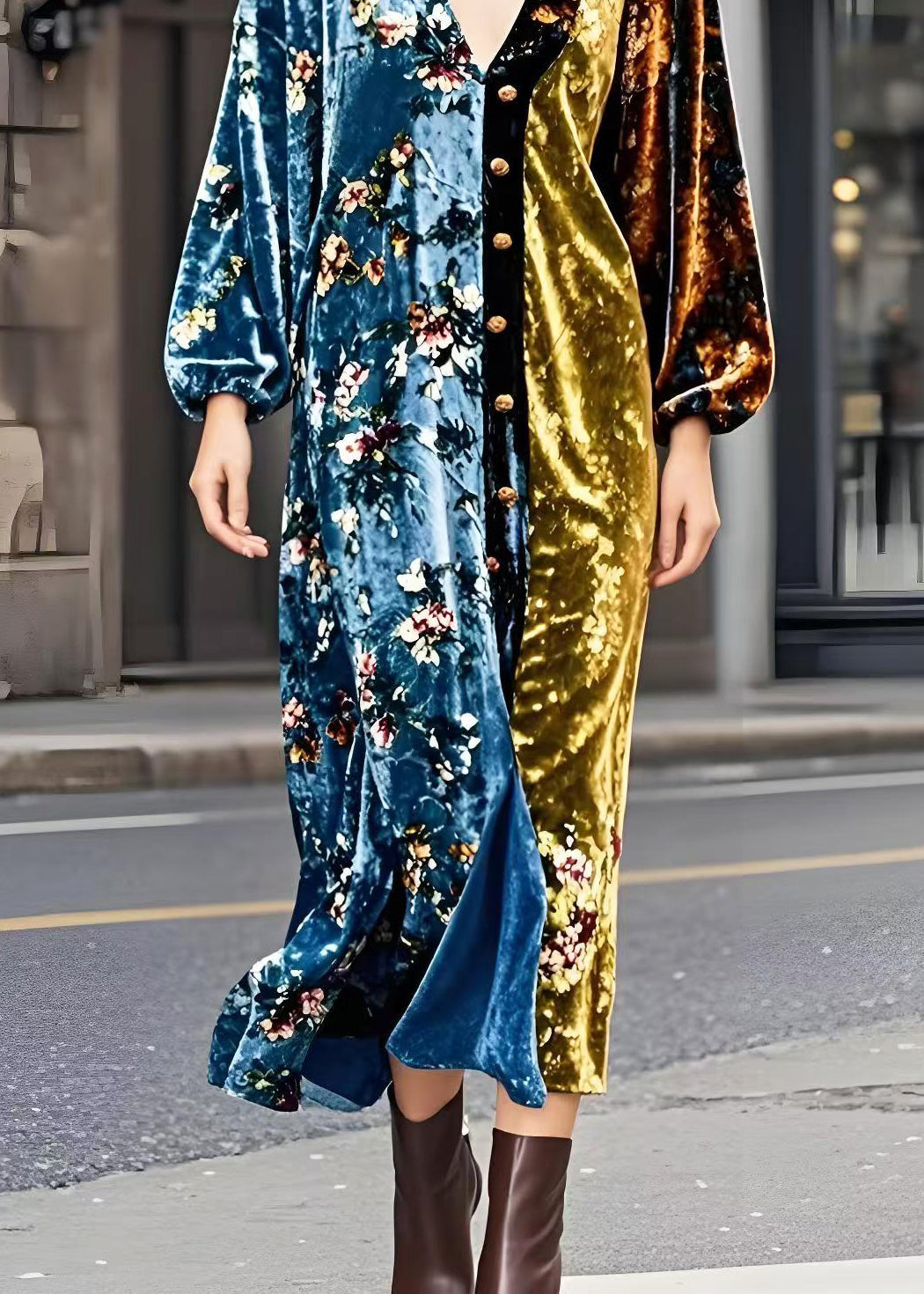 Colorblock V Neck Patchwork Golden Button Silk Velour Dresses Spring