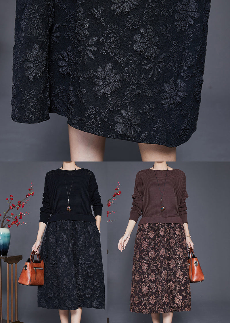 Coffee Jacquard Patchwork Knit Maxi Dresses Fall