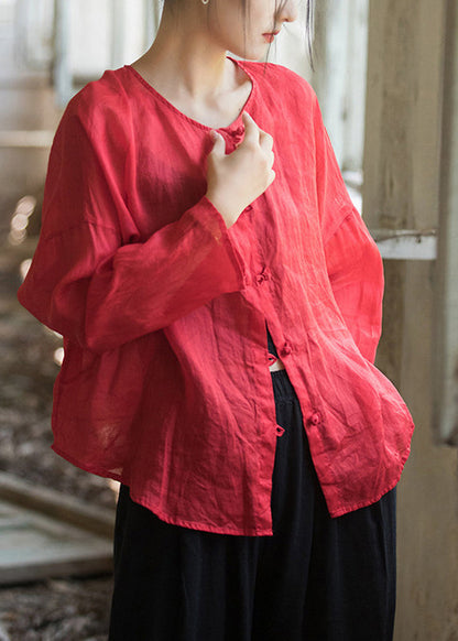 Red Loose Linen Shirts O-neck Button Down Fall