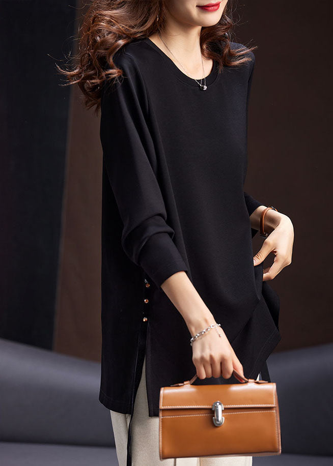 French Black O-neck Side Open Zircon Tops Long Sleeve