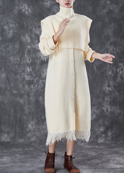 Beige Turtle Neck Knitwear Dress Two Piece Set Spring