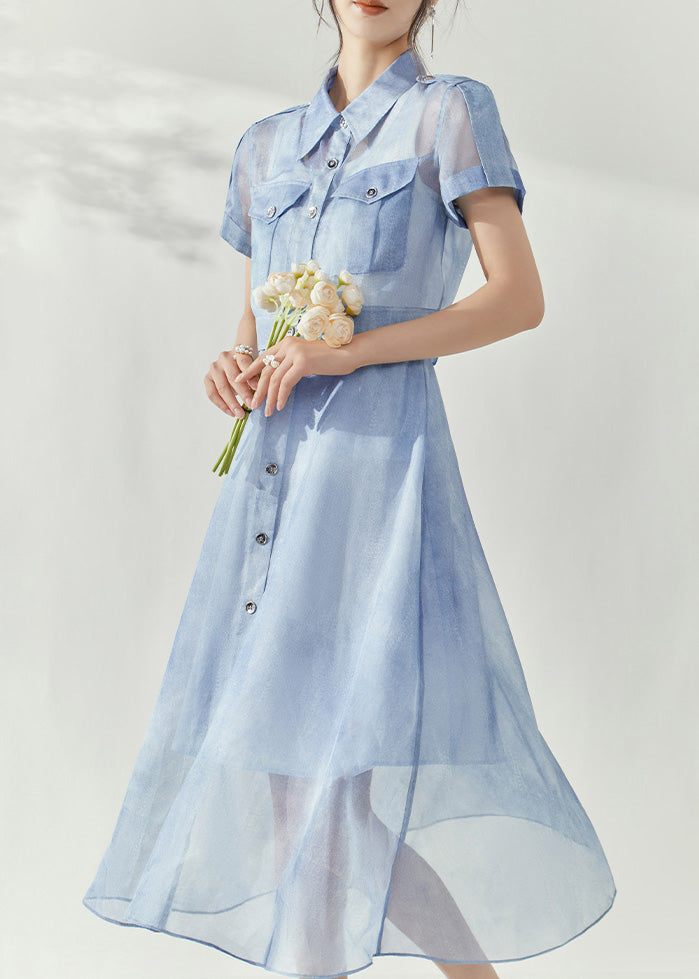 Stylish Blue Peter Pan Collar Button Tulle Shirts and Maxi Skirts Two Piece Set Summer
