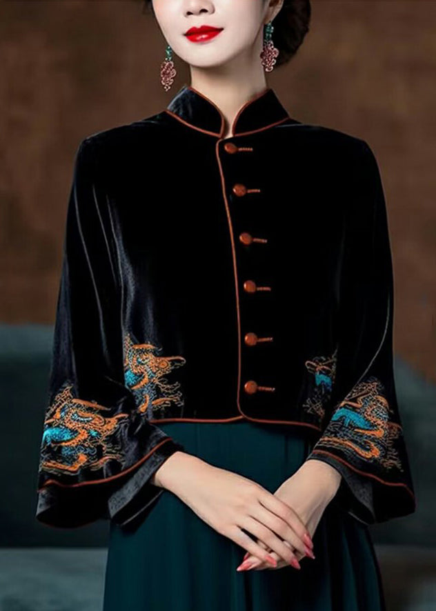 Black Embroideried Button Silk Velour Coats Flare Sleeve