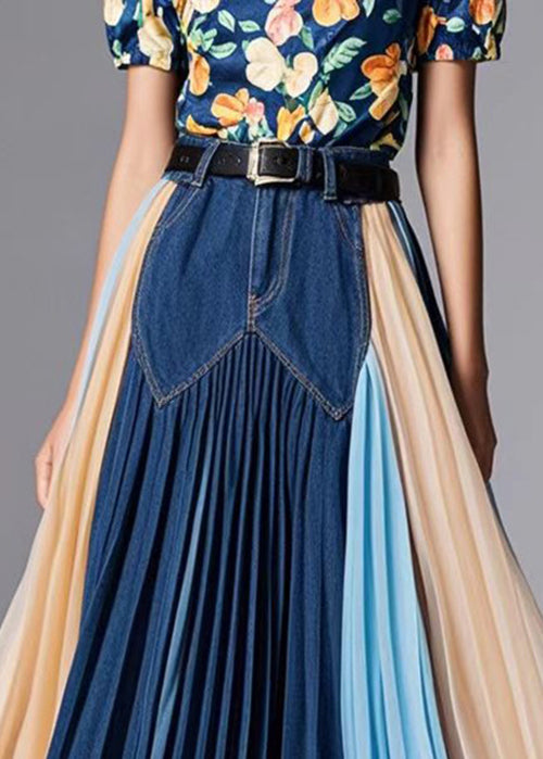 Navy Patchwork Exra Large Hem Denim Skirts Fall