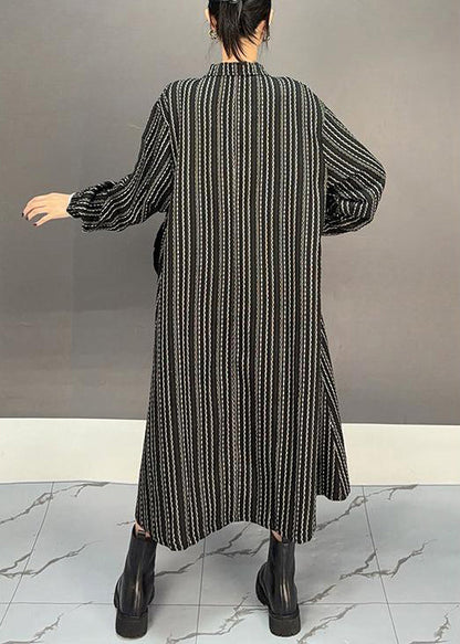 Black Zippered Striped Cotton Long Dress Fall