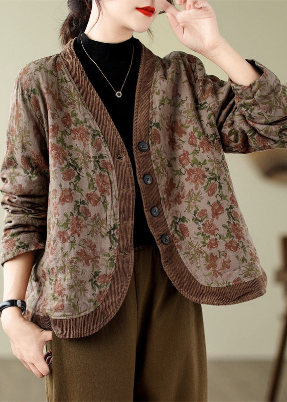 Khaki V Neck Print Fine Cotton Filled Coats Winter