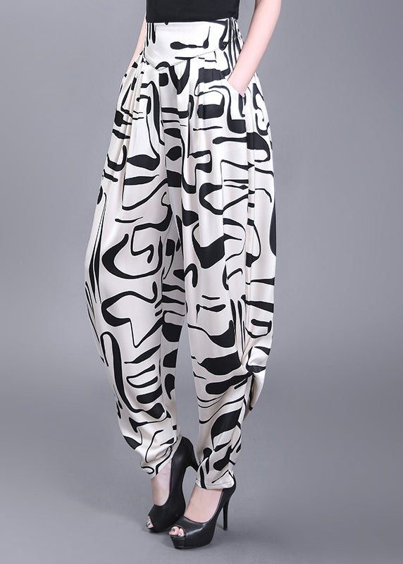 White Pockets Print High Waist Chiffon Pants Summer