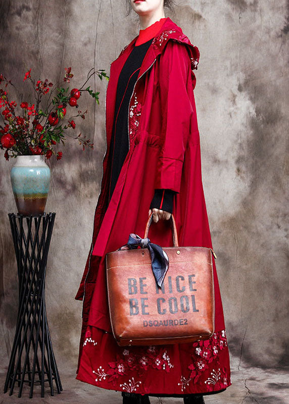 Red Zippered Patchwork Embroideried Spring Coats