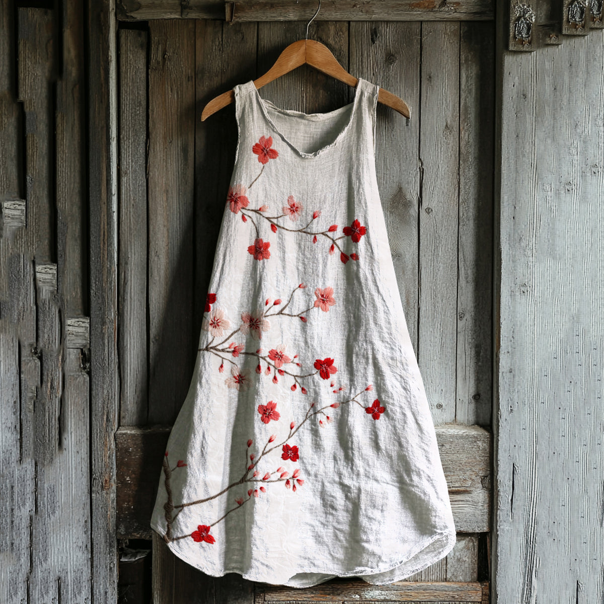 Comstylish Vintage Cherry Blossom Art Linen Blend Tank Dress