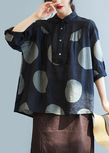 Black Peter Pan Collar Dot Linen Shirt Tops Half Sleeve