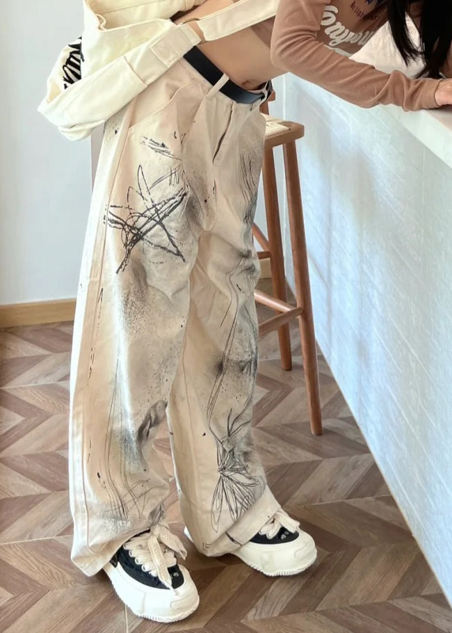 Beige High Waist Pockets Tie Dye Denim Straight Pants Fall