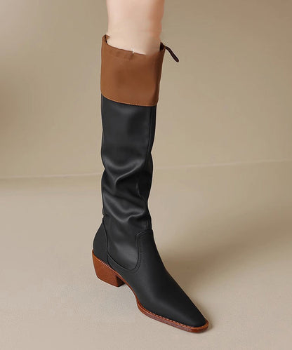 Black Faux Leather Splicing Chunky Knee Boots