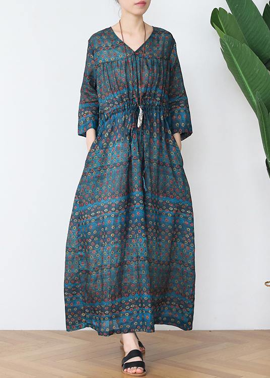 Green Print Cotton V Necktie Waist Spring Long Dress