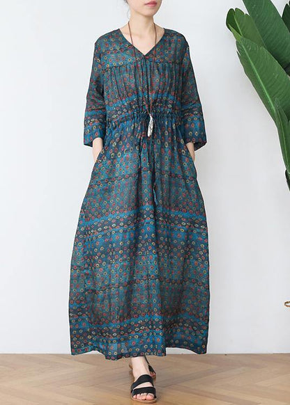 Green Print Cotton V Necktie Waist Spring Long Dress