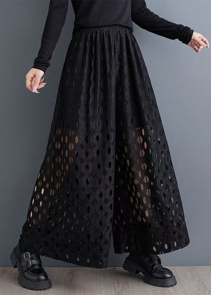 Natural Black Hollow Out Wide Leg Pants Trousers Summer