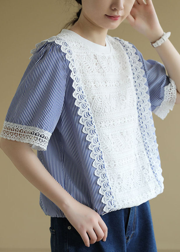 Colorblock O-neck Patchwork Striped Lace Shirt Short Sleeve