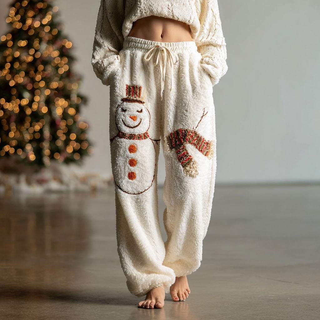 Comstylish Women's Christmas Snowman Pattern Plush Warm Sweatpants