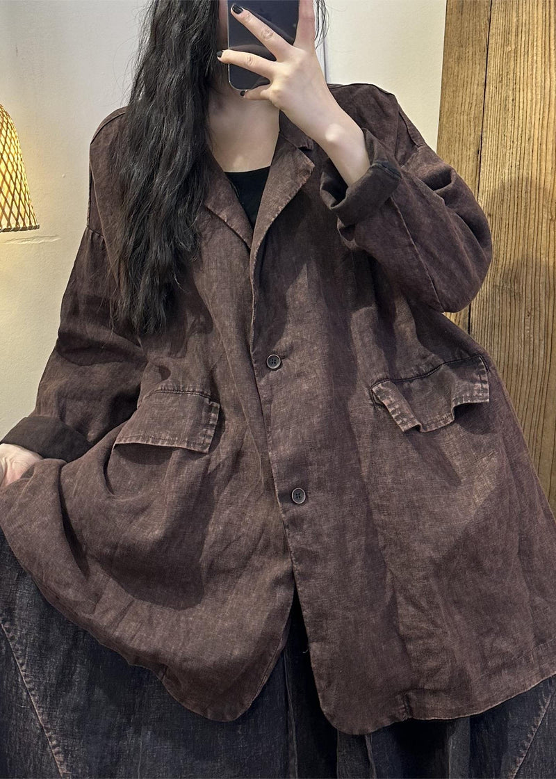 Coffee Patchwork Button Linen Coats Long Sleeve Fall