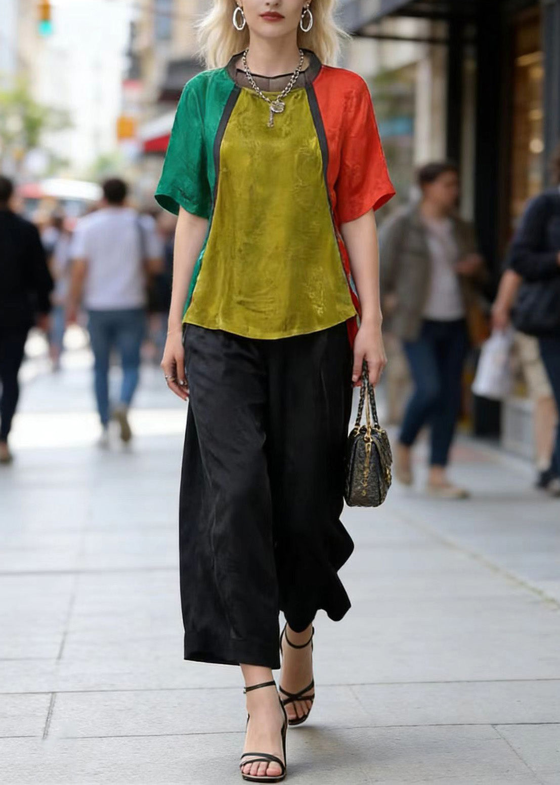 Art Colorblock Jacquard Top and Crop Pants Silk Two Pieces Set Summer