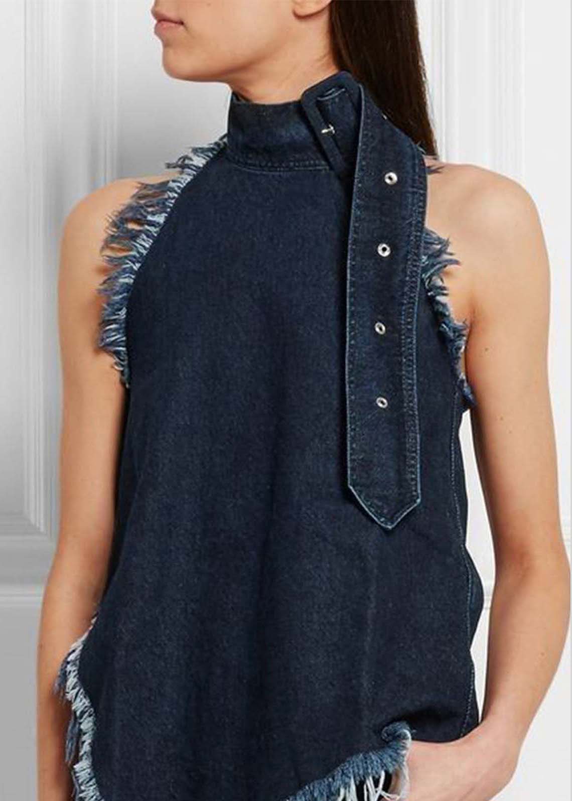 Navy Stand Collar Tassel Denim Vests Sleeveless