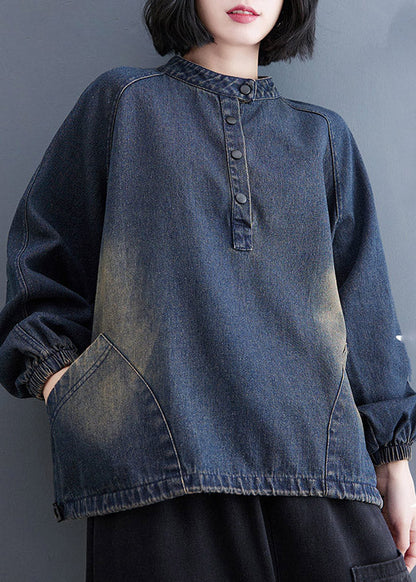 Blue Stand Collar Pockets Drawstring Denim Tops Spring