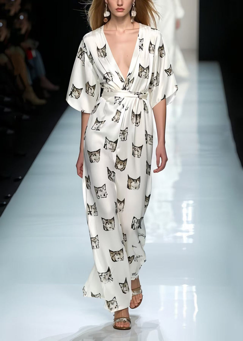 Italian White Cinched Print Silk Party Dress Summer