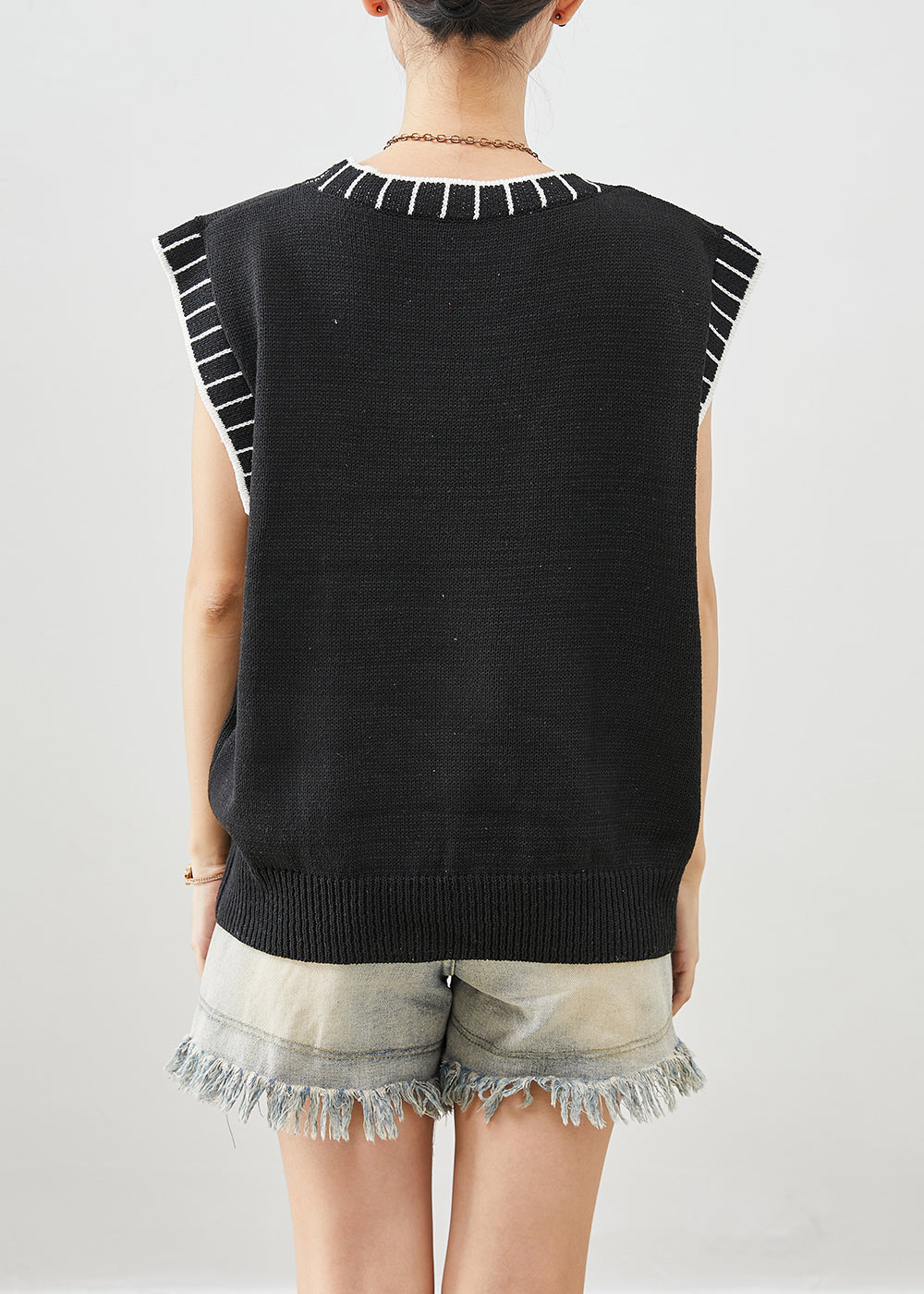 Black O-neck Striped Knit Vests Fall