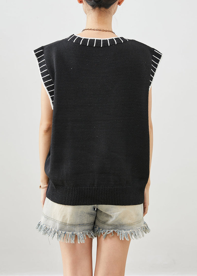 Black O-neck Striped Knit Vests Fall