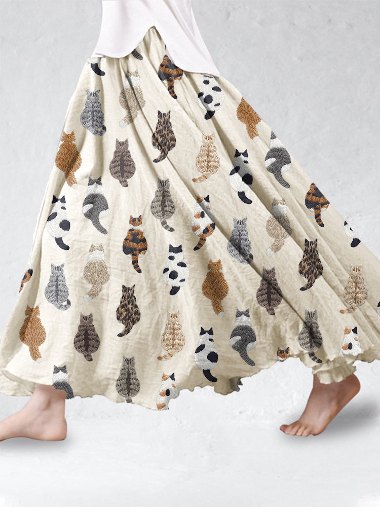 Cute Cats Embroidery Pattern Linen Blend Skirt elevenforest