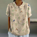 Comstylish Boughs And Robin Birds Pattern Printed Casual Cotton And Linen Shirt