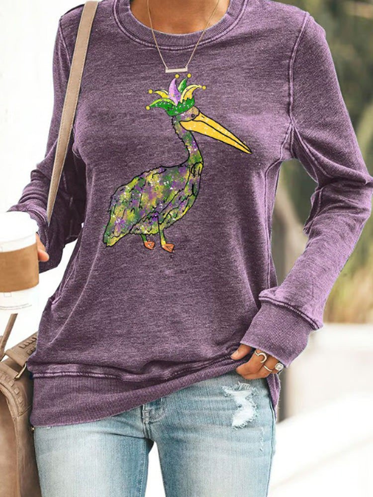 Comstylish Retro Mardi Gras Pelican Crown Purple Green And Gold Print Sweatshirt
