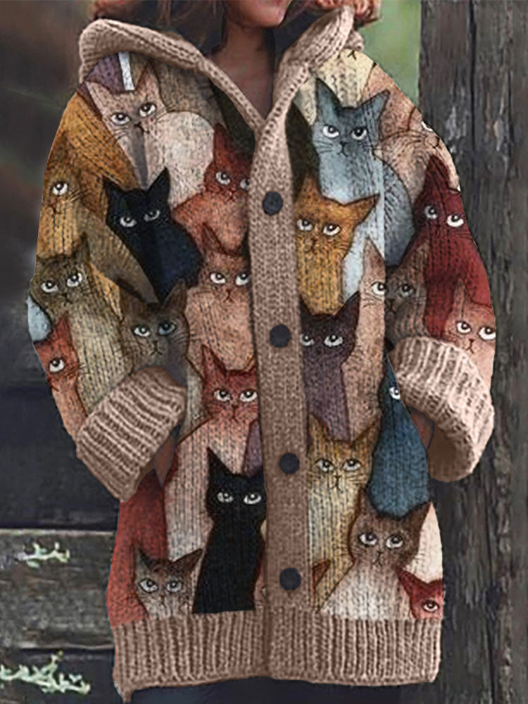 Comstylish Colorful Cats Pattern Cozy Hooded Cardigan