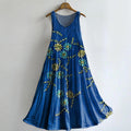 Women's Bohemian Floral Art Print Crew Neck Sleeveless Cotton Pocket D