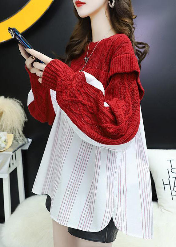 Red O-neck Ruffles Patchwork Knit Silk Tops Spring