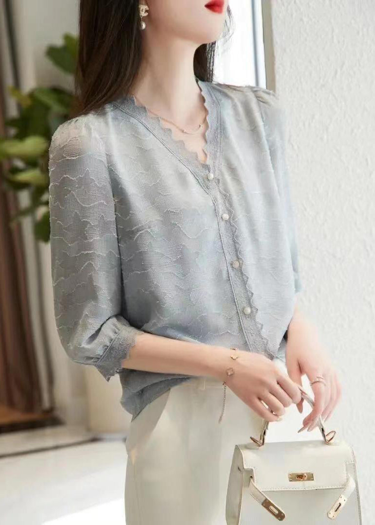 Light Blue V Neck Button Cotton Shirt Tops Half Sleeve