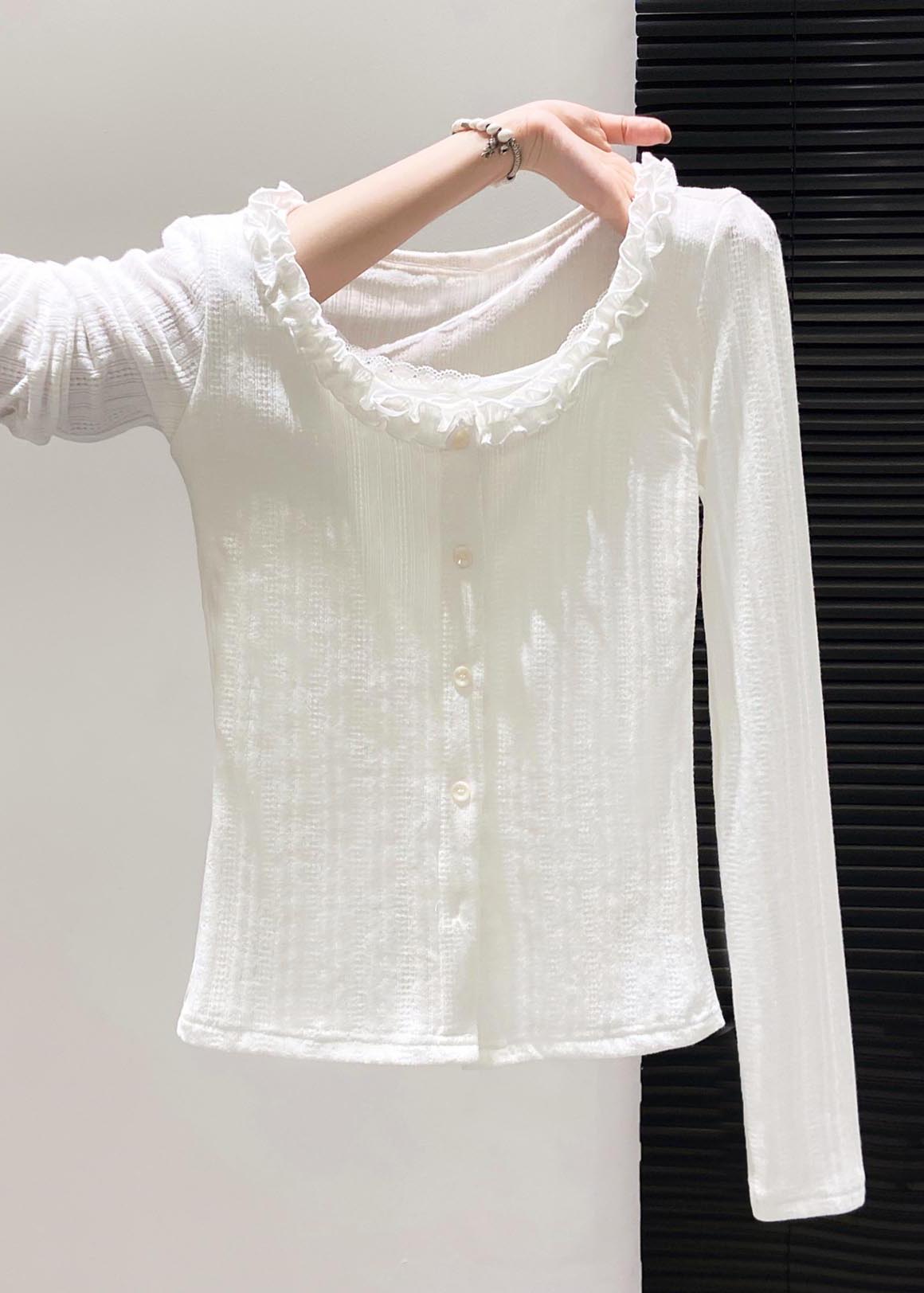 Fitted Sky Blue Ruffled Patchwork Cotton Tops Fall