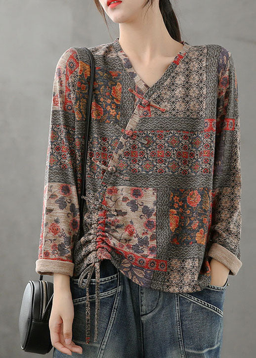 Red V Neck Print Drawstring Cotton Shirt Long Sleeve