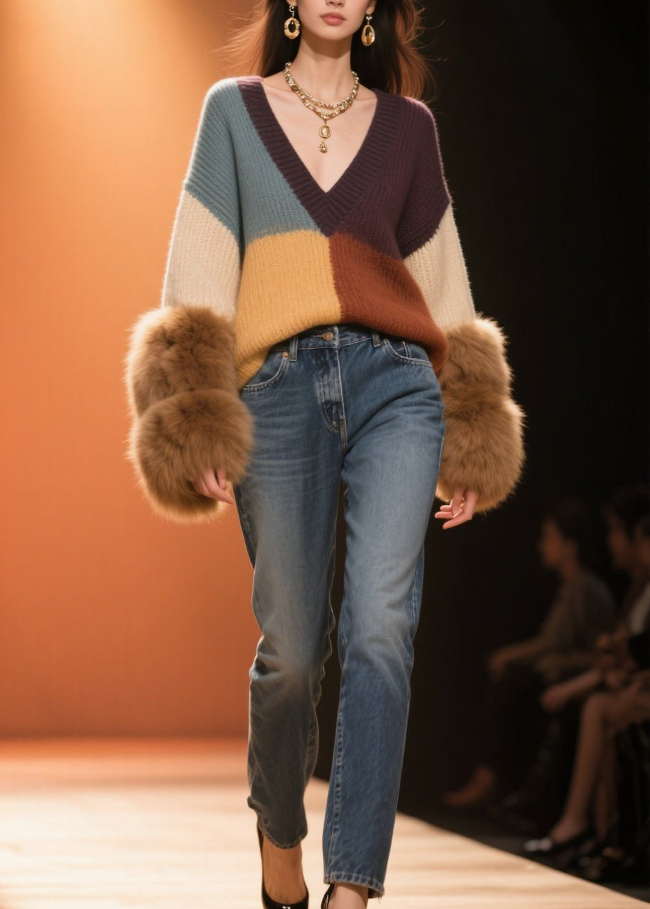 Colorblock V Neck Fuzzy Fur Fluffy Patchwork Knit Sweaters Fall