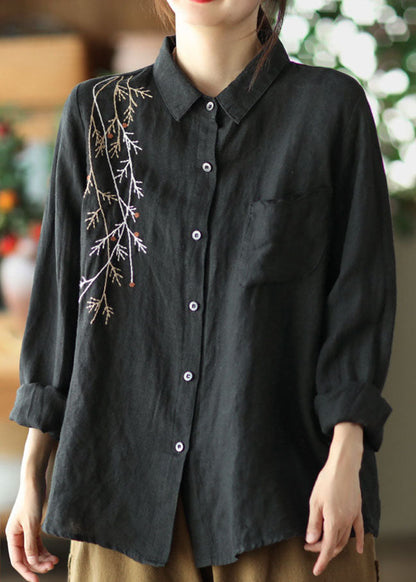 Black Peter Pan Collar Embroideried Linen Blouse Spring